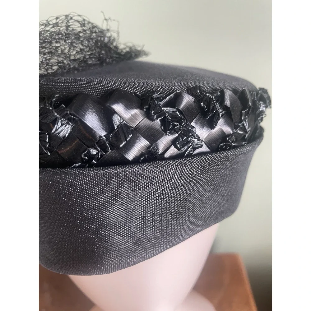 Vintage 1960's Black Pillbox Hat w/ Net Veil Ribbon Trim Union Made Cocktail